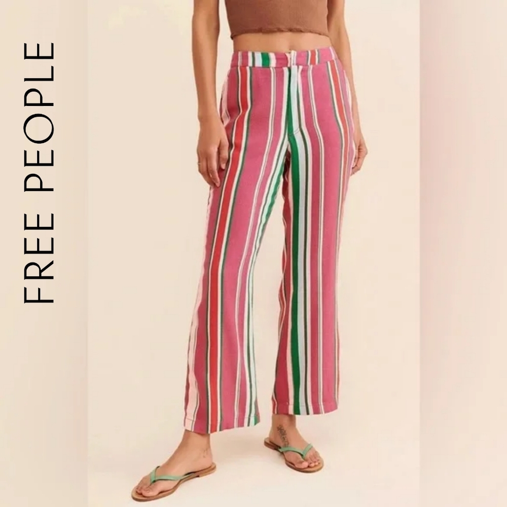 Free People Cotton/Viscose Multicolour Striped Wide Leg Pants La Paz Berry